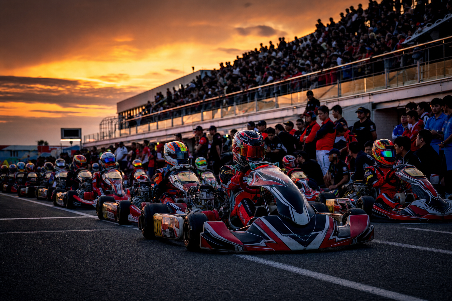 夕暮れのフェスティカサーキット瑞浪、スタート前に並ぶレーシングカートの列