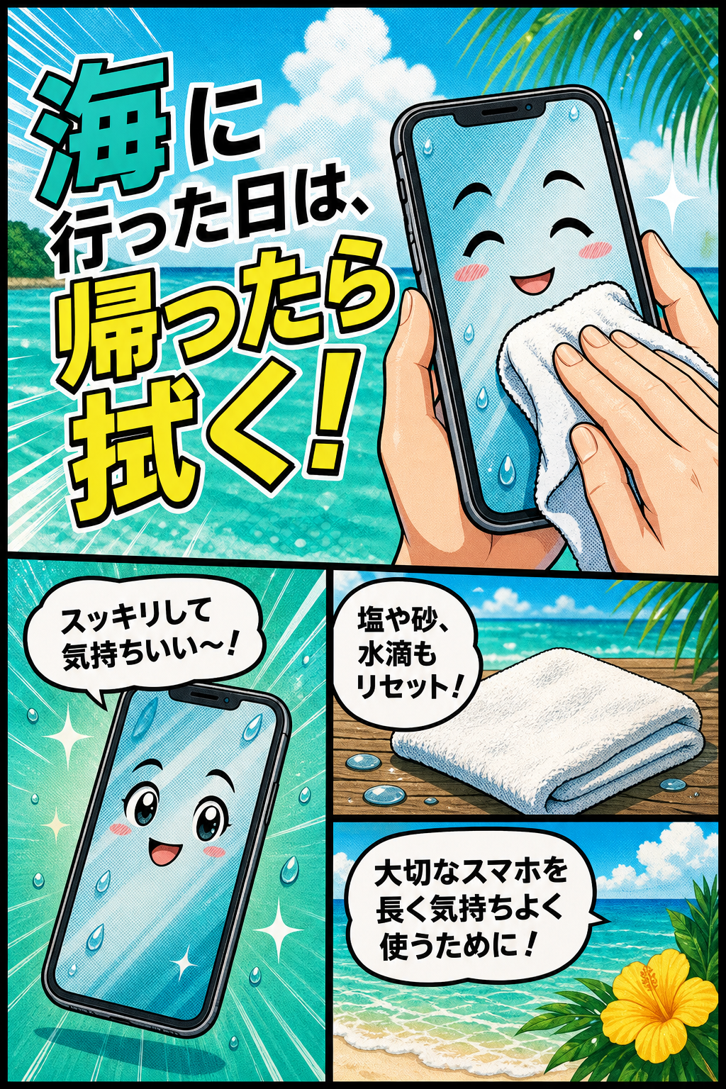 海帰りに乾いた布でスマホを拭くケア