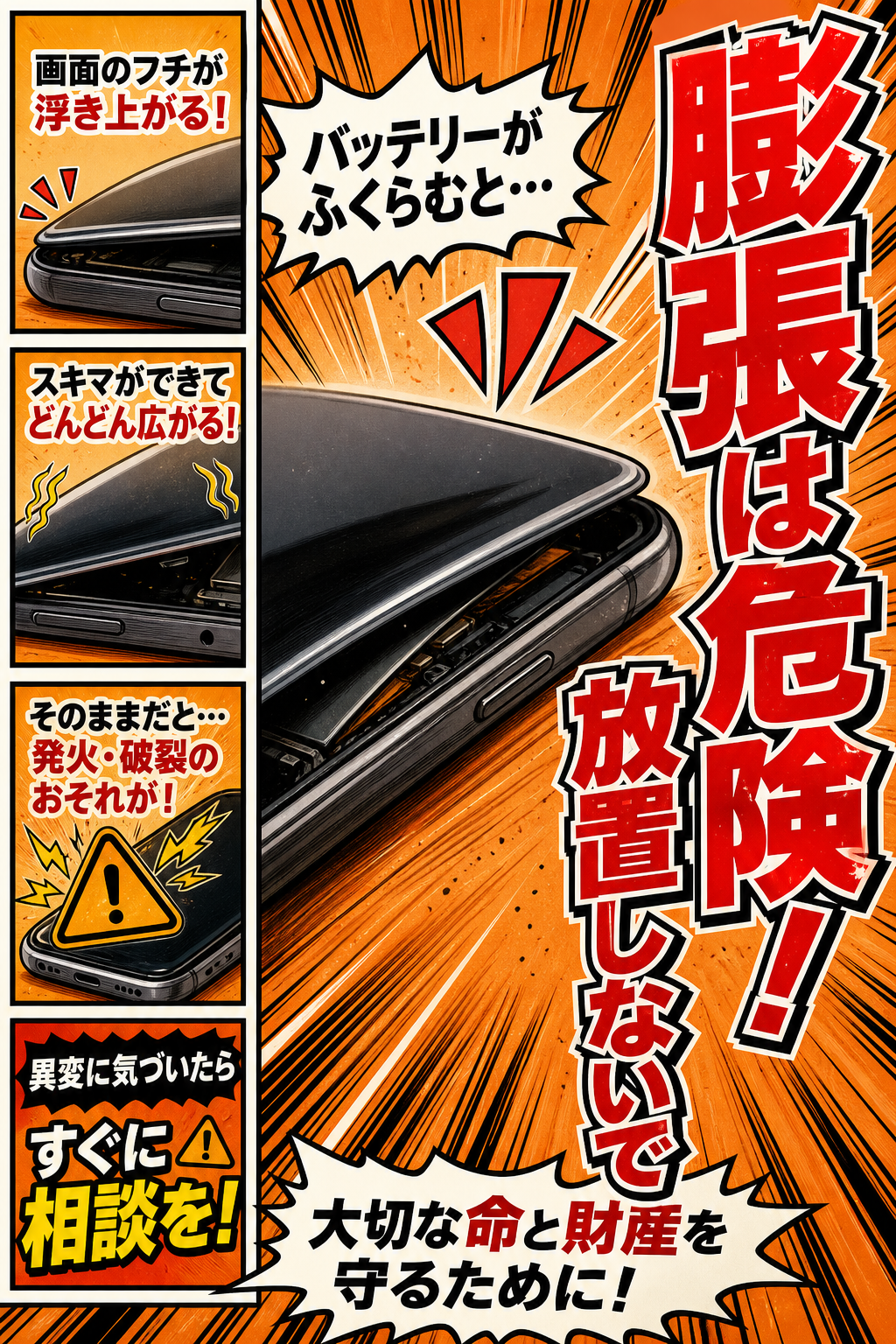 膨張したバッテリーで画面が浮いた危険なスマホ