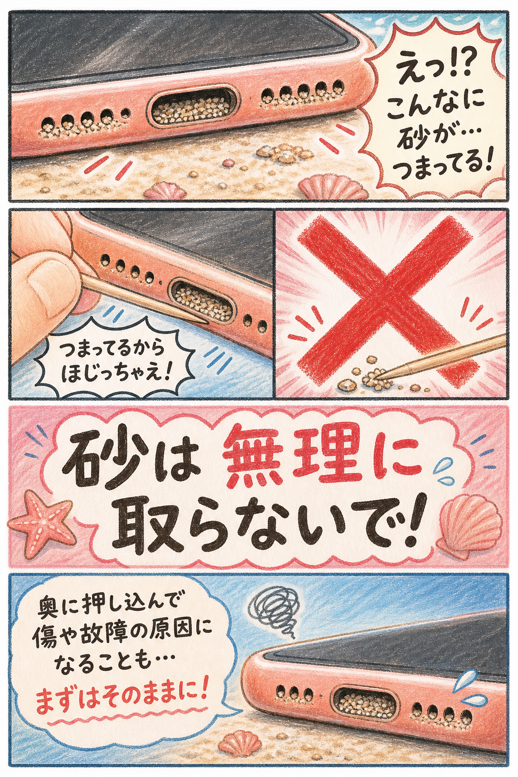 充電口に砂が詰まったスマホ