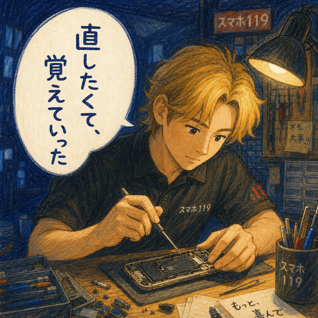 創業のころ、夜遅くまで壊れたiPhoneを分解して修理を覚えるレオ専務のイラスト
