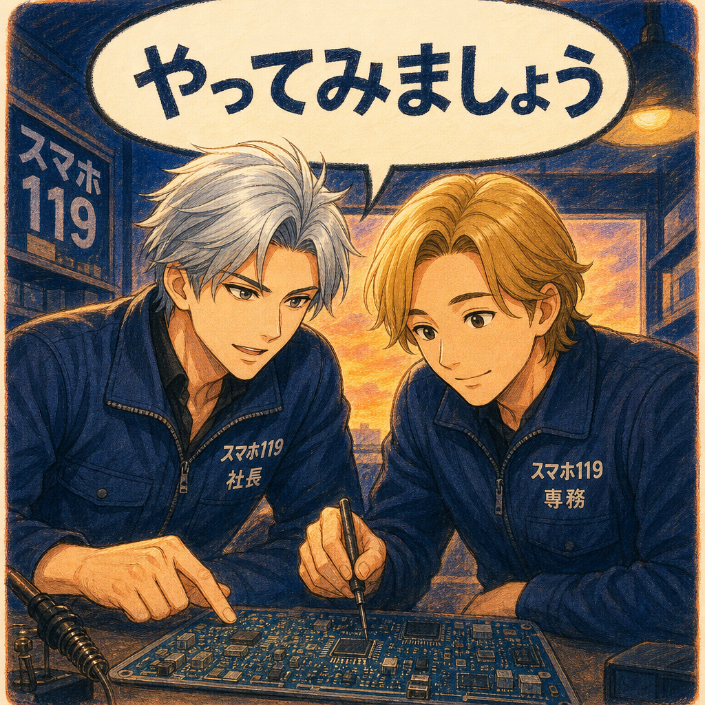 難しい基板を前に相談し合うスマホ119の社長とレオ専務のイラスト