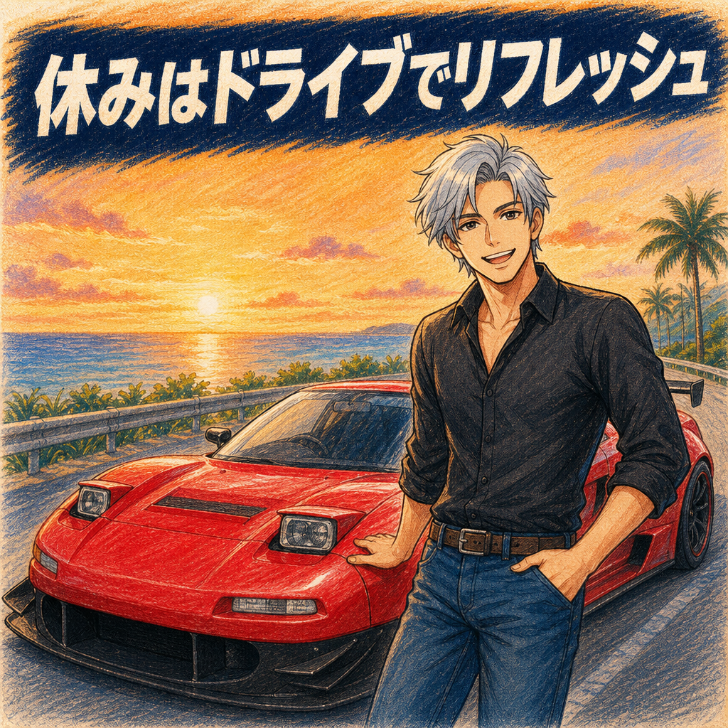 休日に赤いスポーツカーの横でくつろぐスマホ119の富村社長のイラスト
