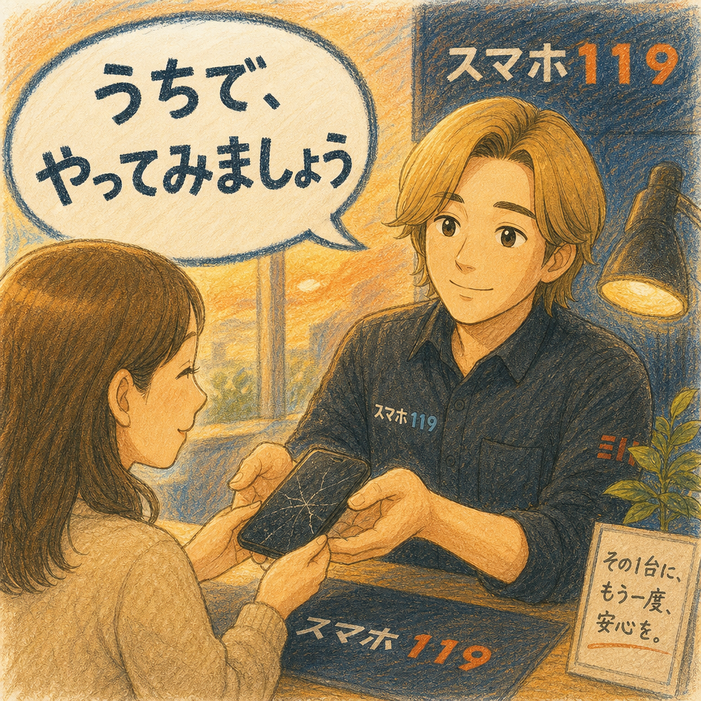 お客様から画面の割れたスマホを両手で受け取るレオ専務のイラスト