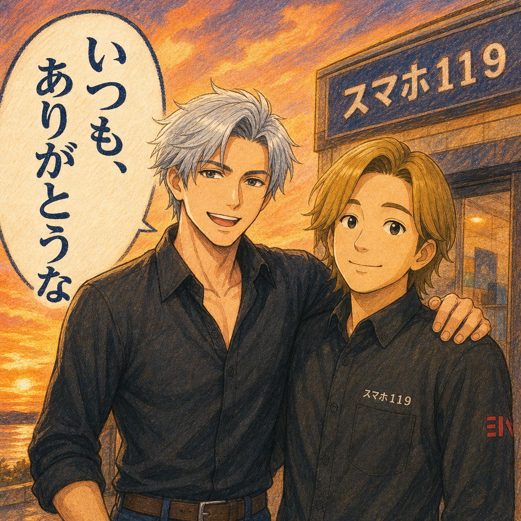 夕焼けのなか、レオ専務の肩に手を置いて感謝を伝える富村社長のイラスト