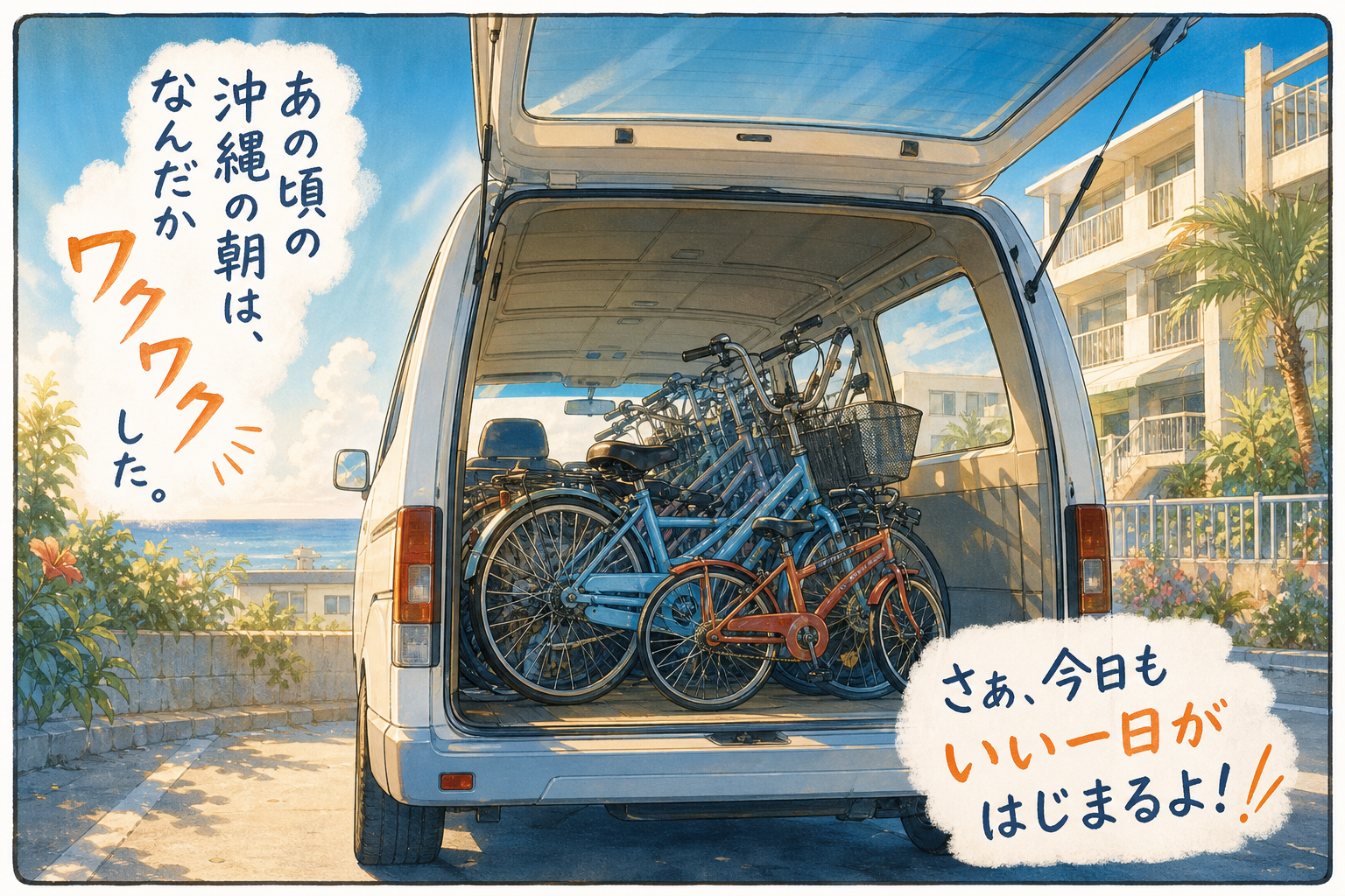 後ろがガラガラのワンボックスに家族分の自転車を積み込む様子のイラスト