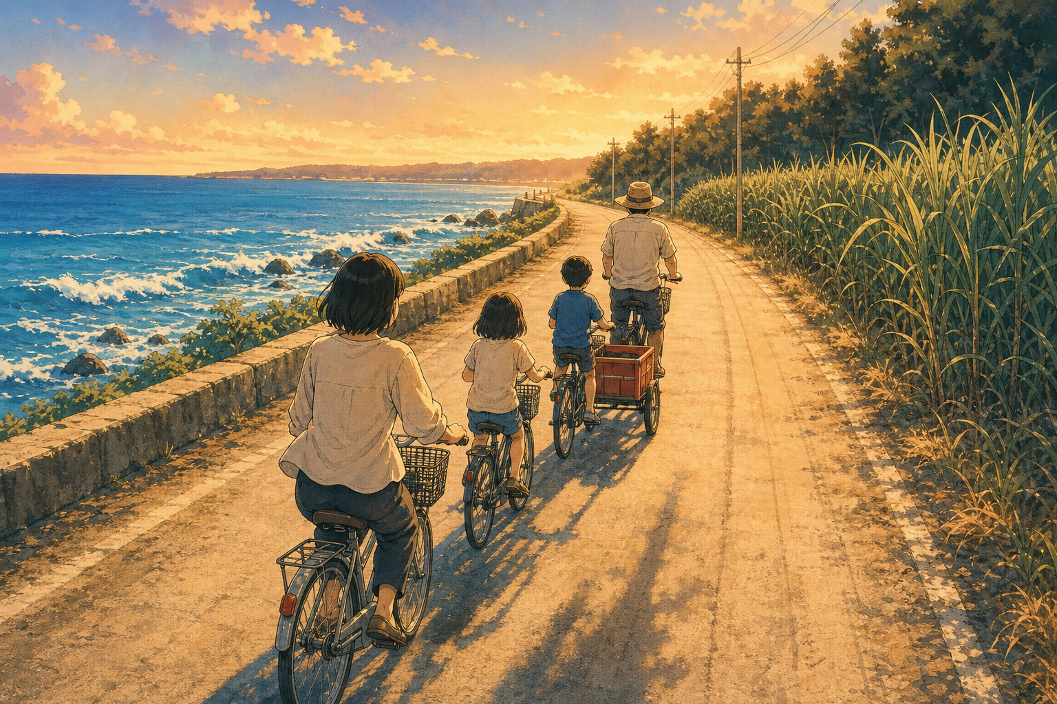 家族で沖縄の海沿いを自転車で走る情景イラスト
