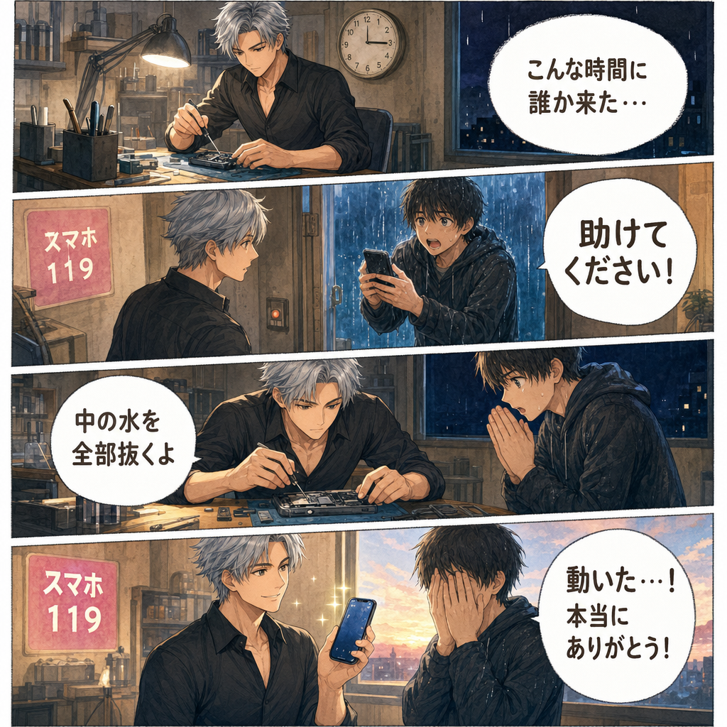 夜中に水没したスマホを持って訪ねてきた人を迎える社長の4コマ漫画
