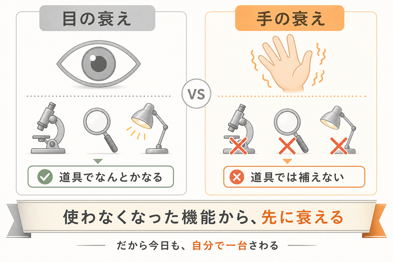 目の衰えは道具で補えるが手の衰えは補えないことを示す図