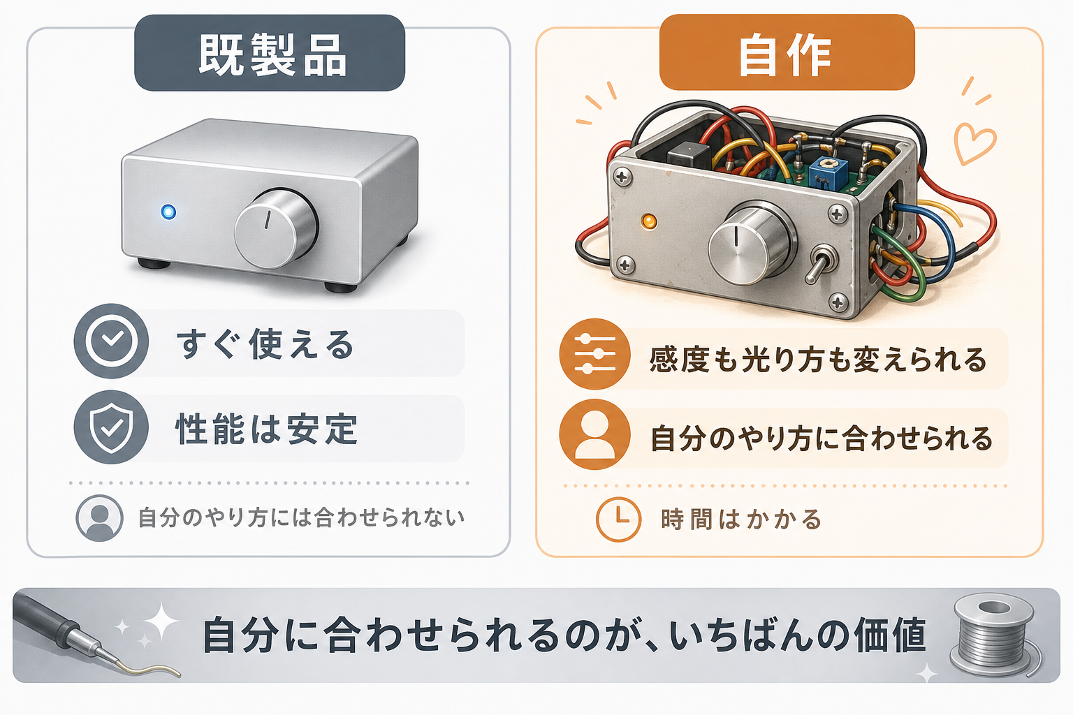 既製品と自作の違いを比較した図