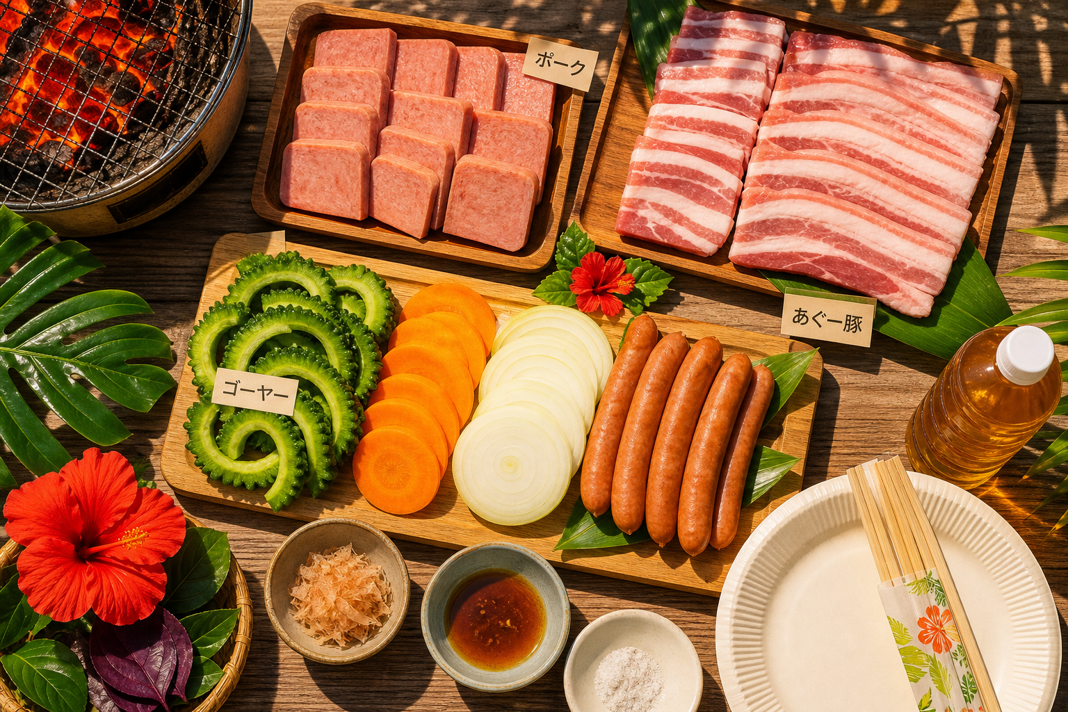 沖縄のBBQに欠かせない食材を並べたイラスト