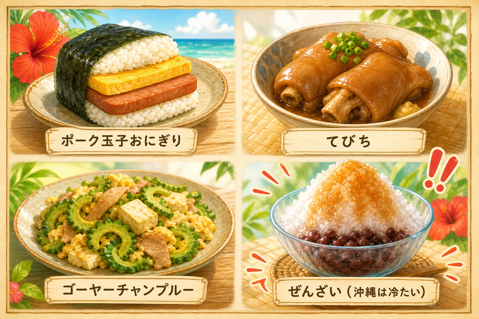 沖縄の食べ物4種を紹介するイラスト