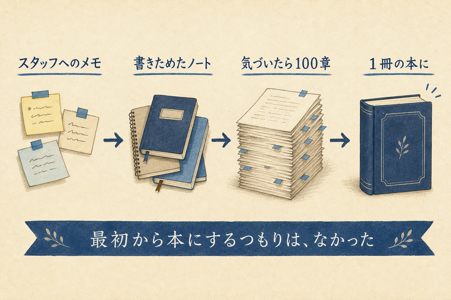書きためたメモが100章の本に育っていった過程を示す図