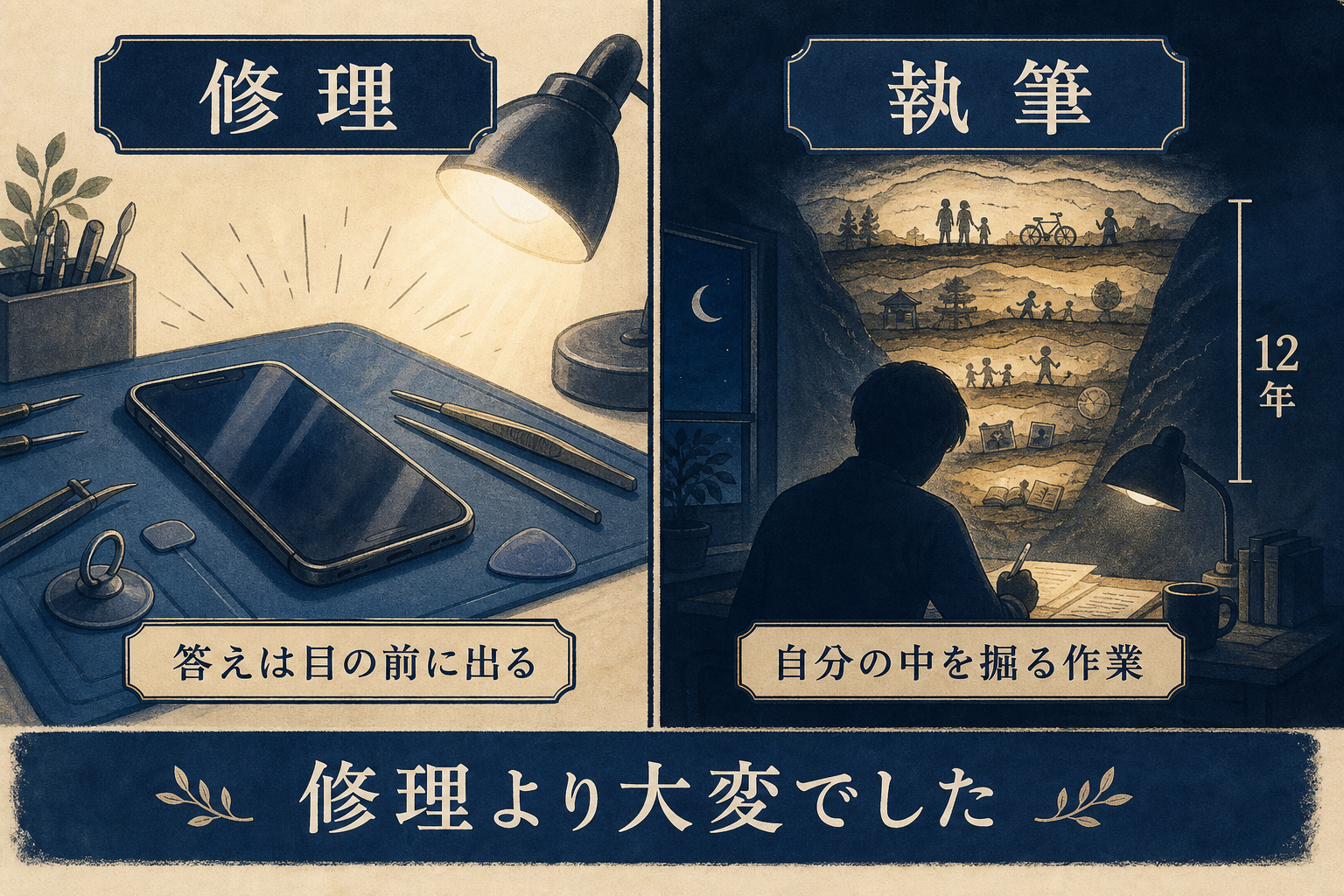 手を動かす仕事と文章を書く仕事の違いを示す図