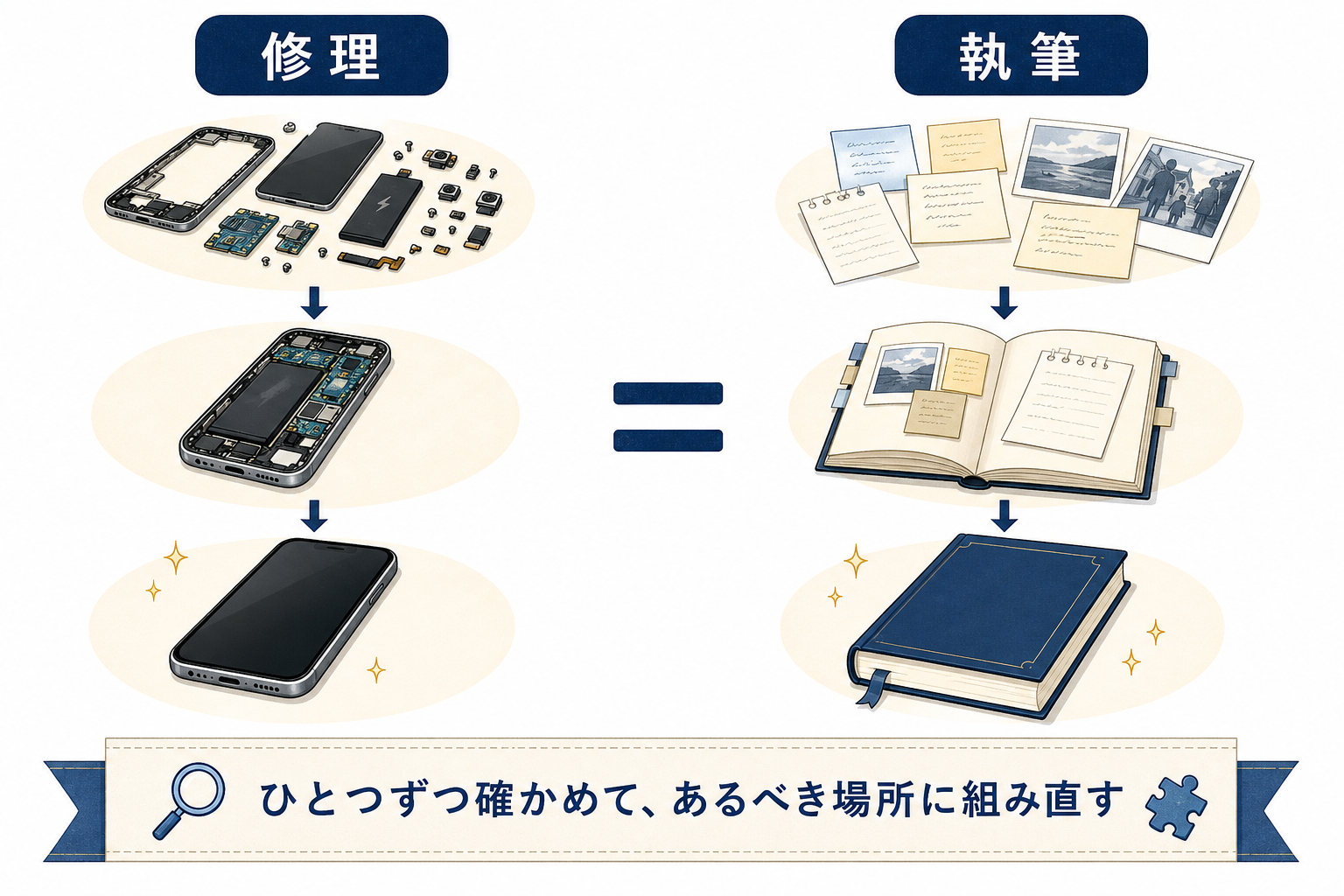本を書くことと修理がどちらも組み直す仕事であることを示す図