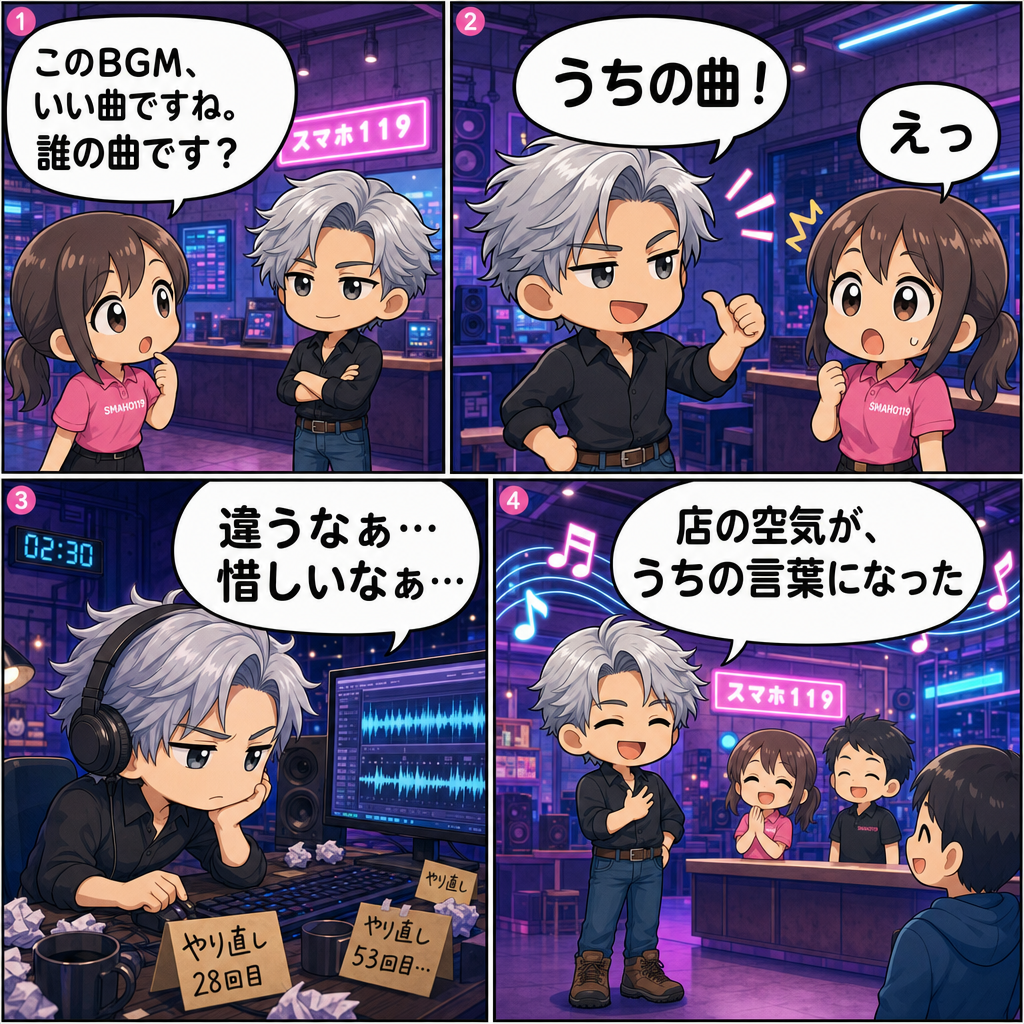 修理屋の社長が会社の歌を作った話の4コマ漫画