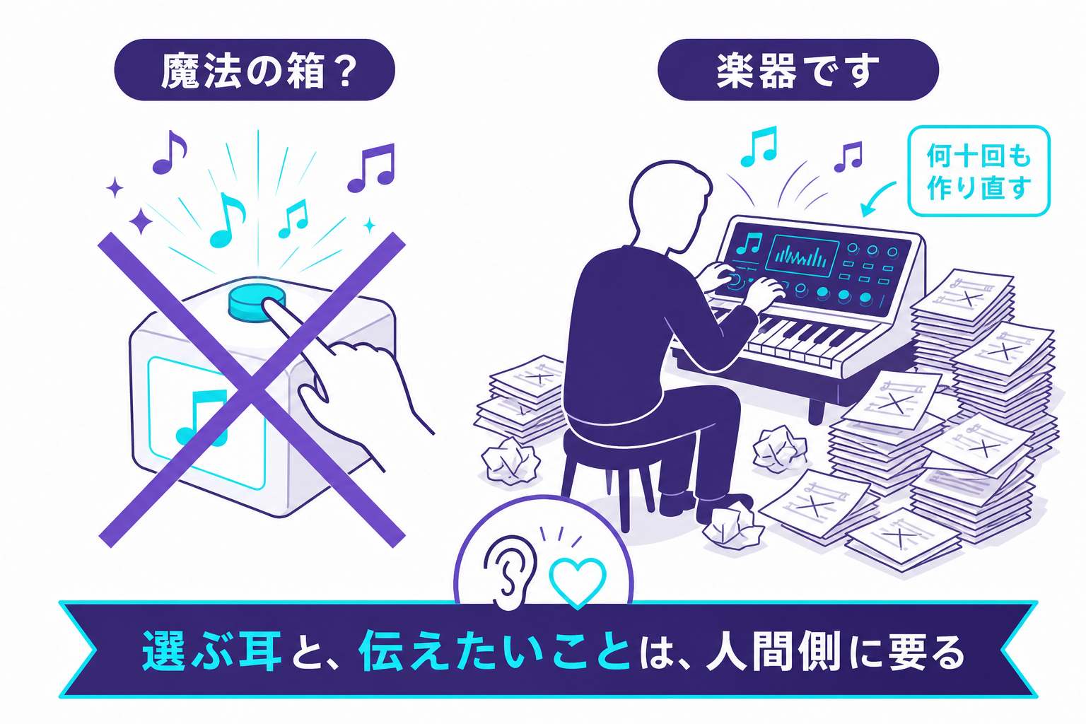 音楽AIは魔法の箱ではなく楽器であることを示す図