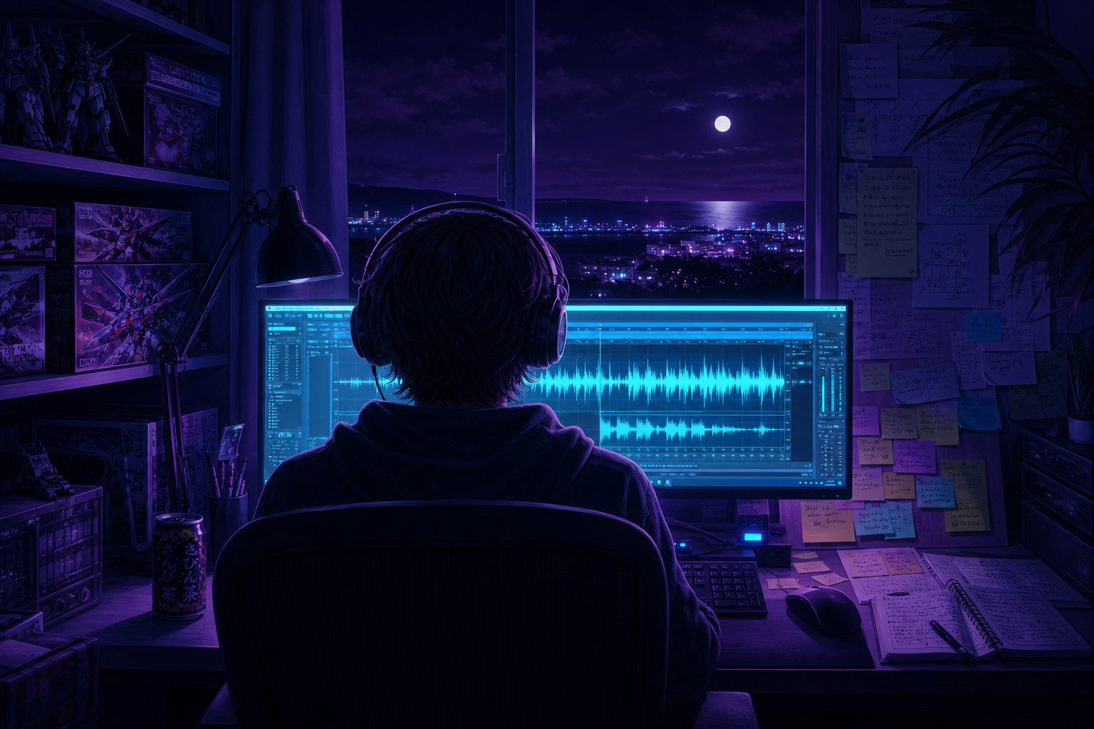 夜中に夢中で曲を作り直す社長の作業風景イラスト