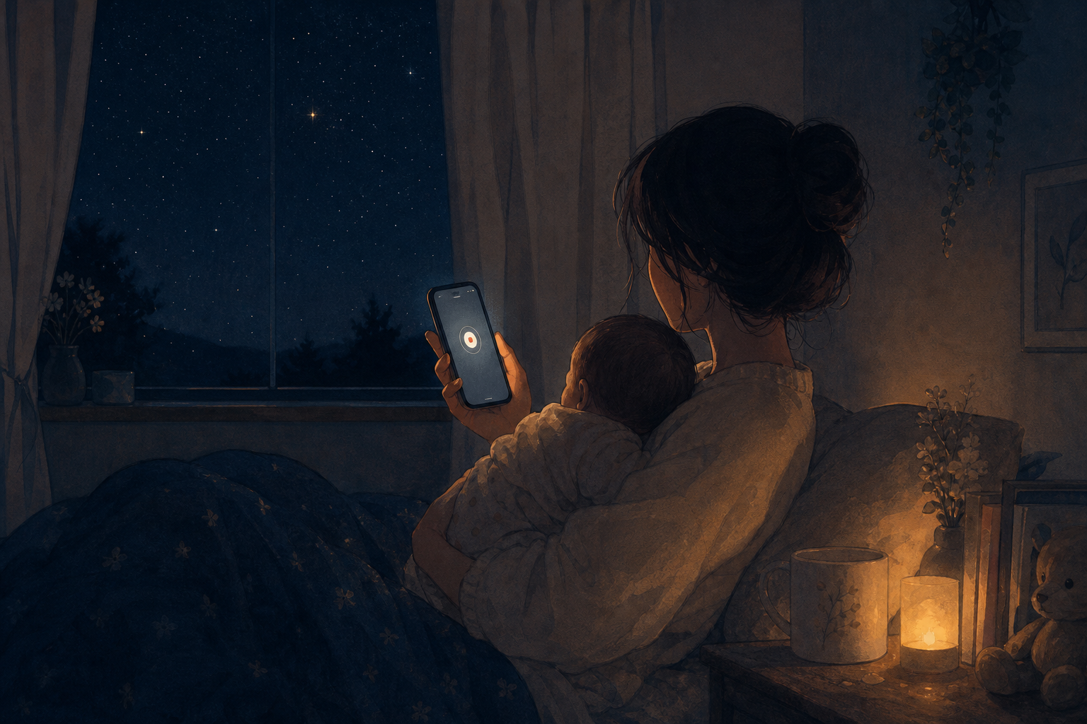 夜中の授乳を支えるアプリを使う母親の情景イラスト
