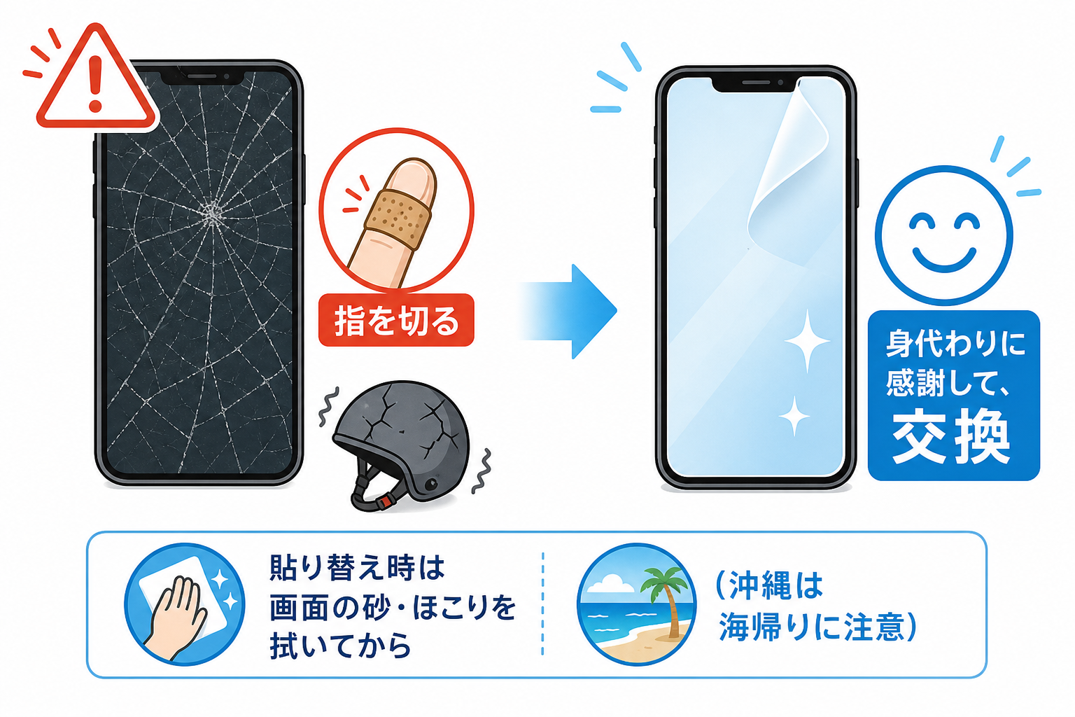 割れたフィルムを貼りっぱなしにする危険を示す警告図