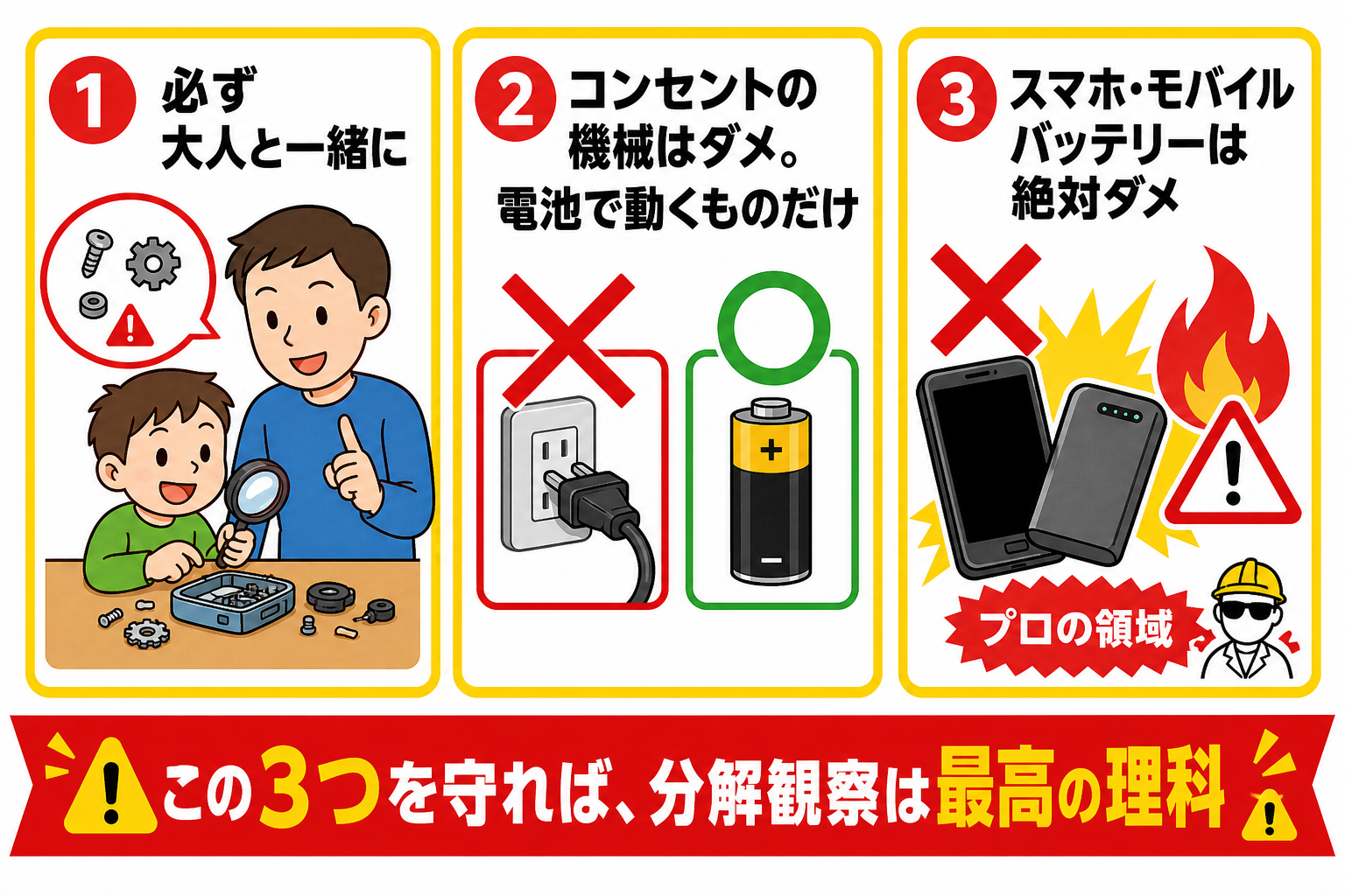 分解観察の3つの約束を示す安全ルールの図