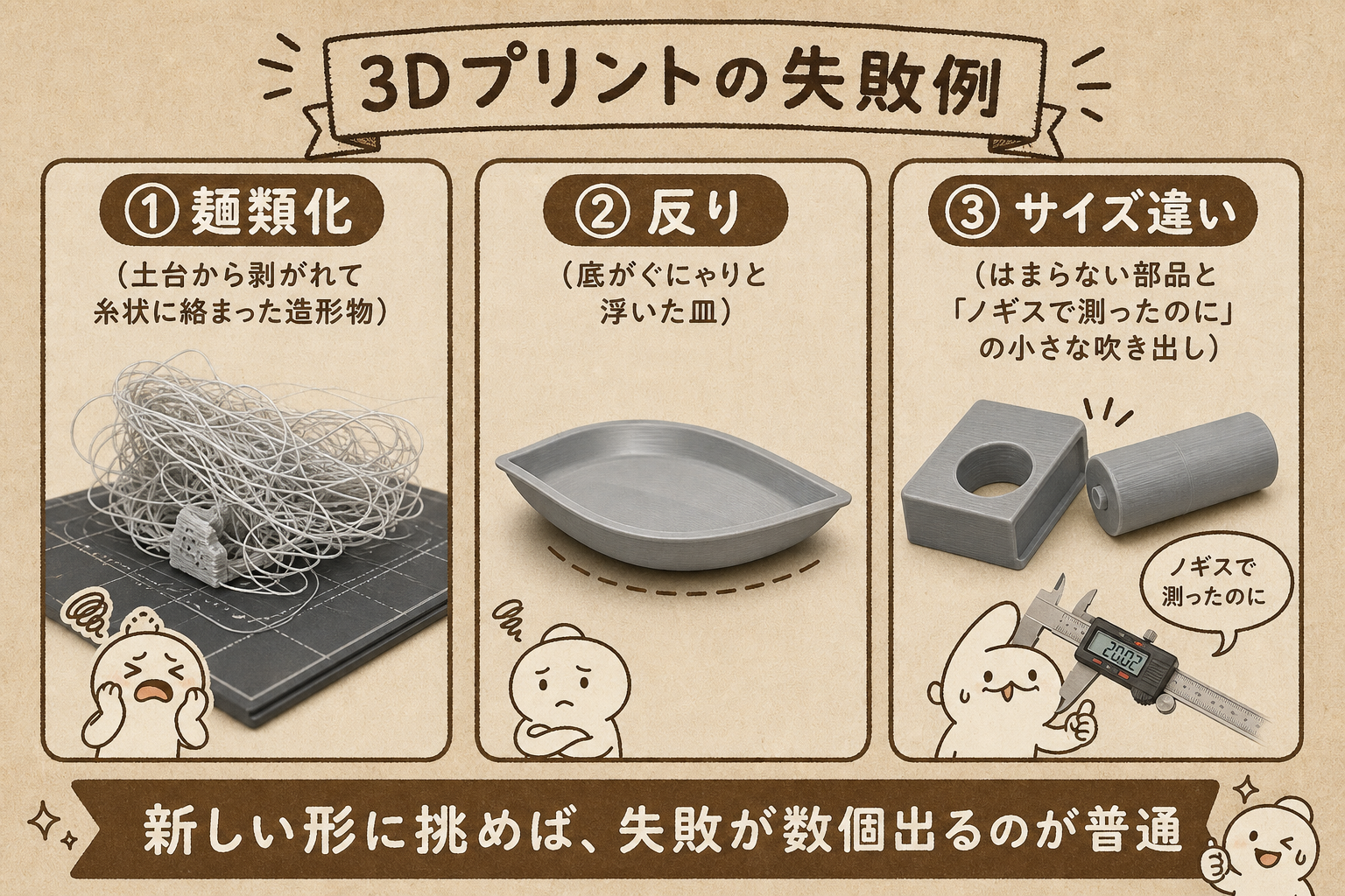 3Dプリントの代表的な失敗3種類を示す図