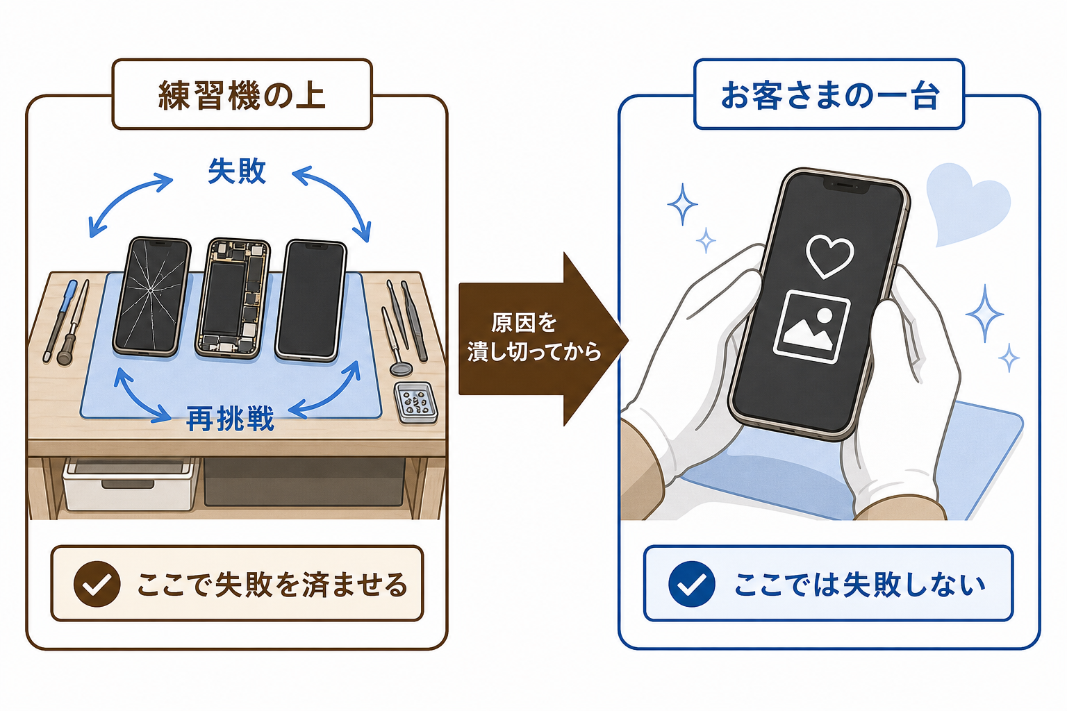 プロは練習機の上で失敗を済ませておくことを示す図