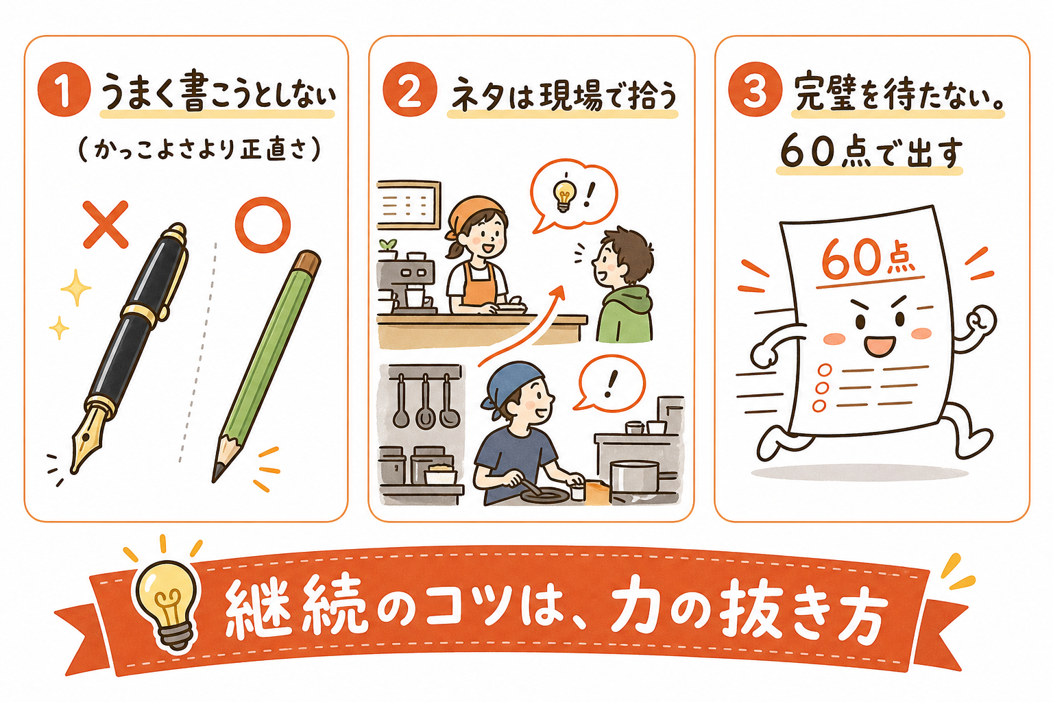 発信を続けるコツ3つを示す図