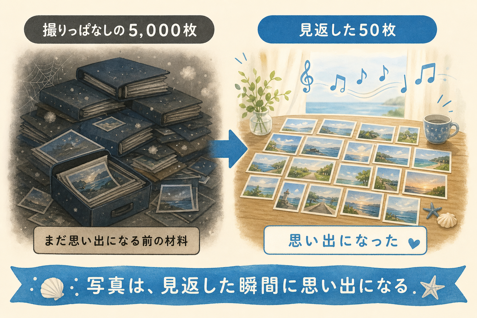撮りっぱなしの写真より見返した写真が思い出になることを示す図