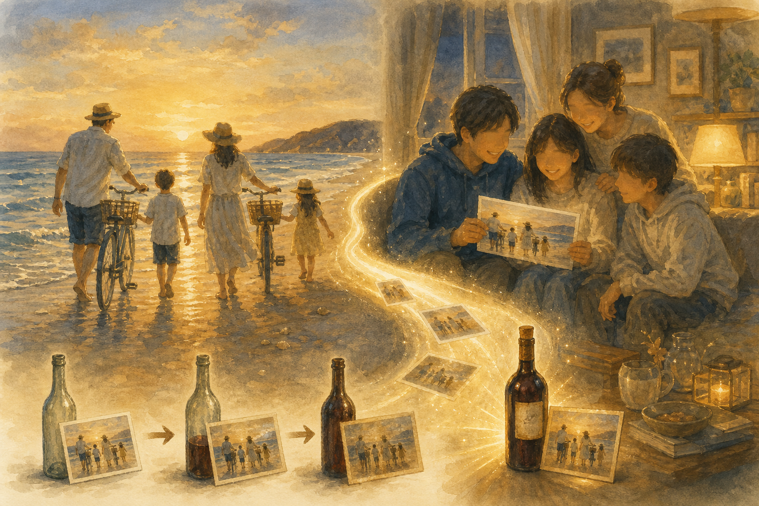 何気ない夏の一枚が10年後の家族の宝物になることを示す情景イラスト