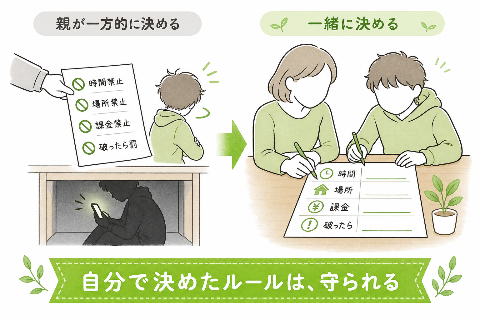 禁止リストではなく一緒にルールを決める違いを示す図
