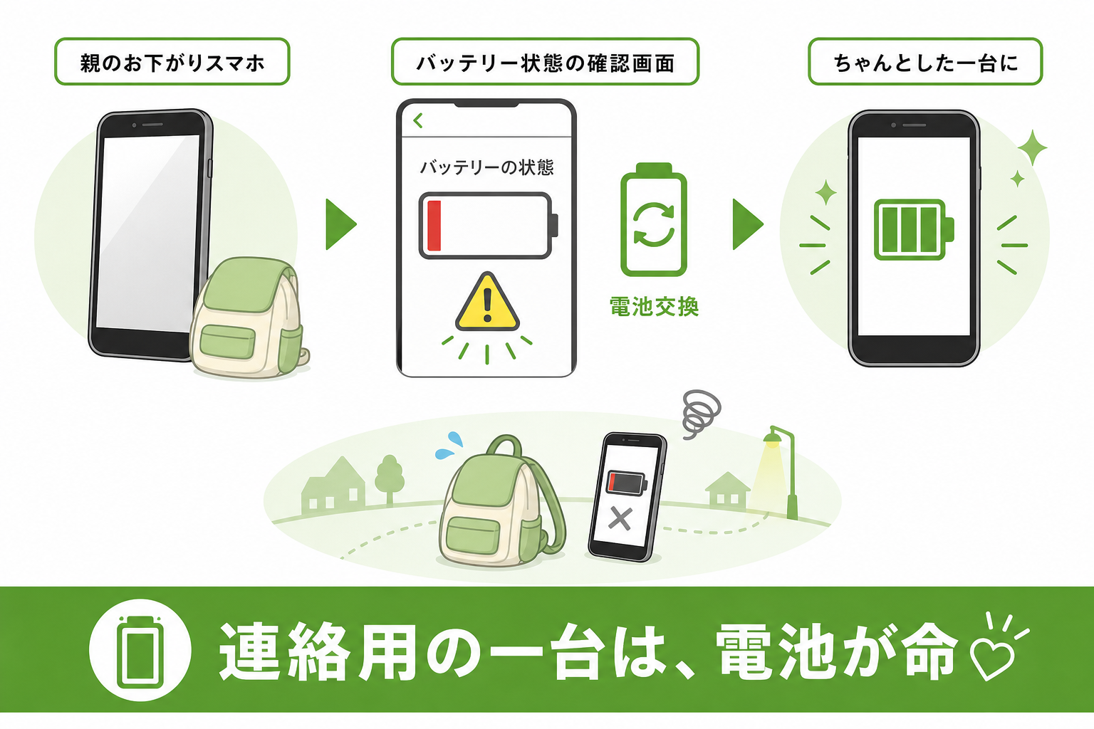 お下がりスマホはバッテリー状態を確認してから渡す図