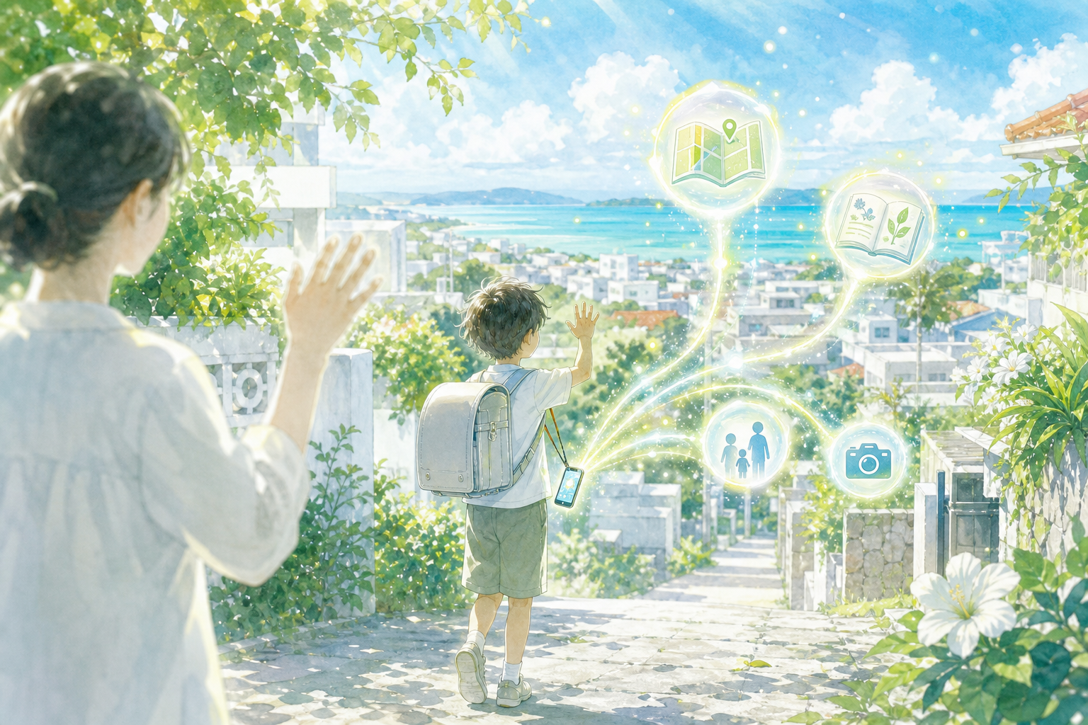 スマホは渡し方しだいで子どもの世界を広げる道具になることを示す情景イラスト
