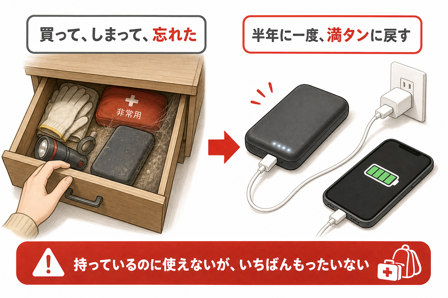 引き出しにしまったままのモバイルバッテリーが空になっている図