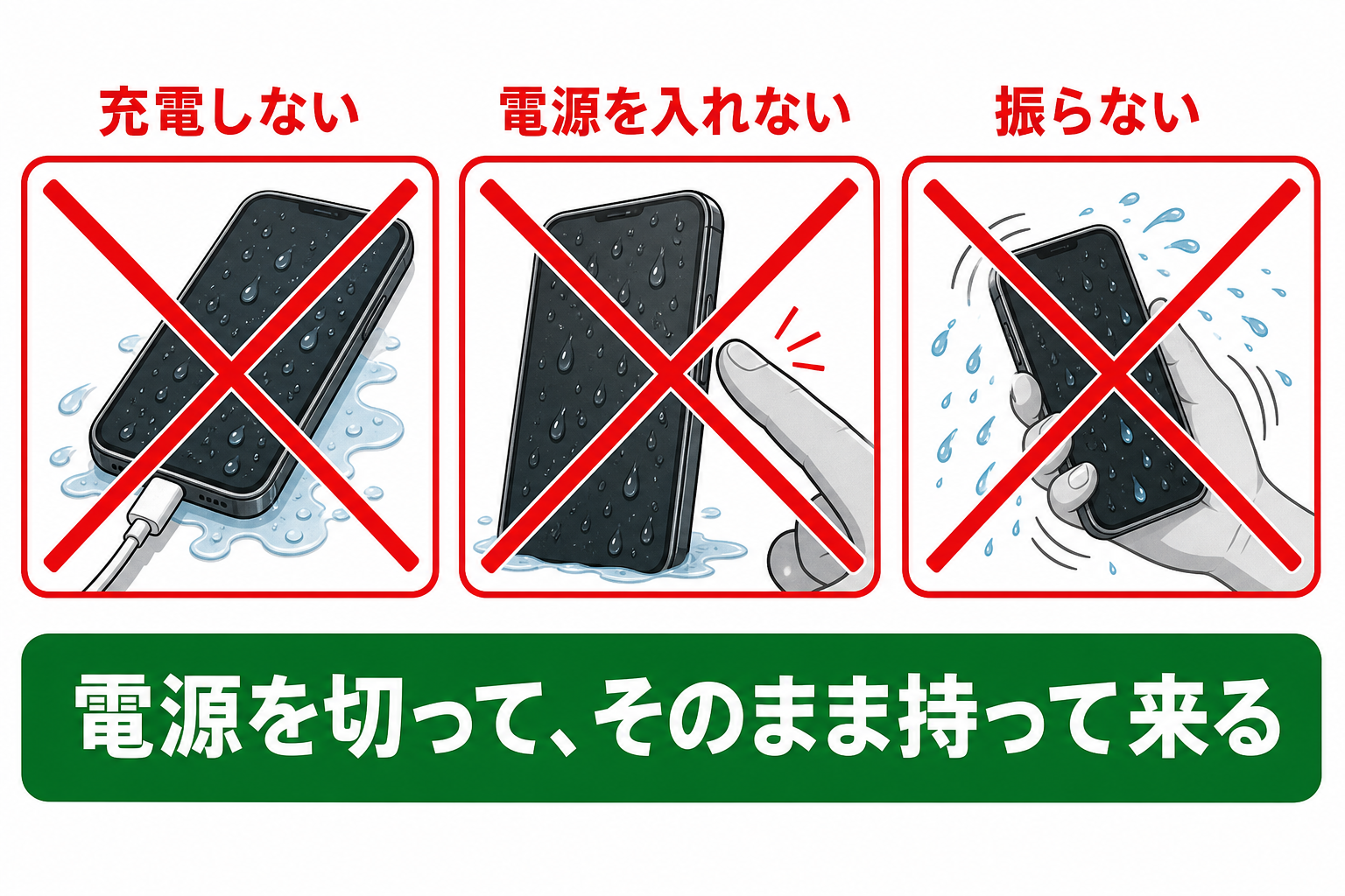 濡れたスマートフォンにやってはいけない三つの行為を示す図