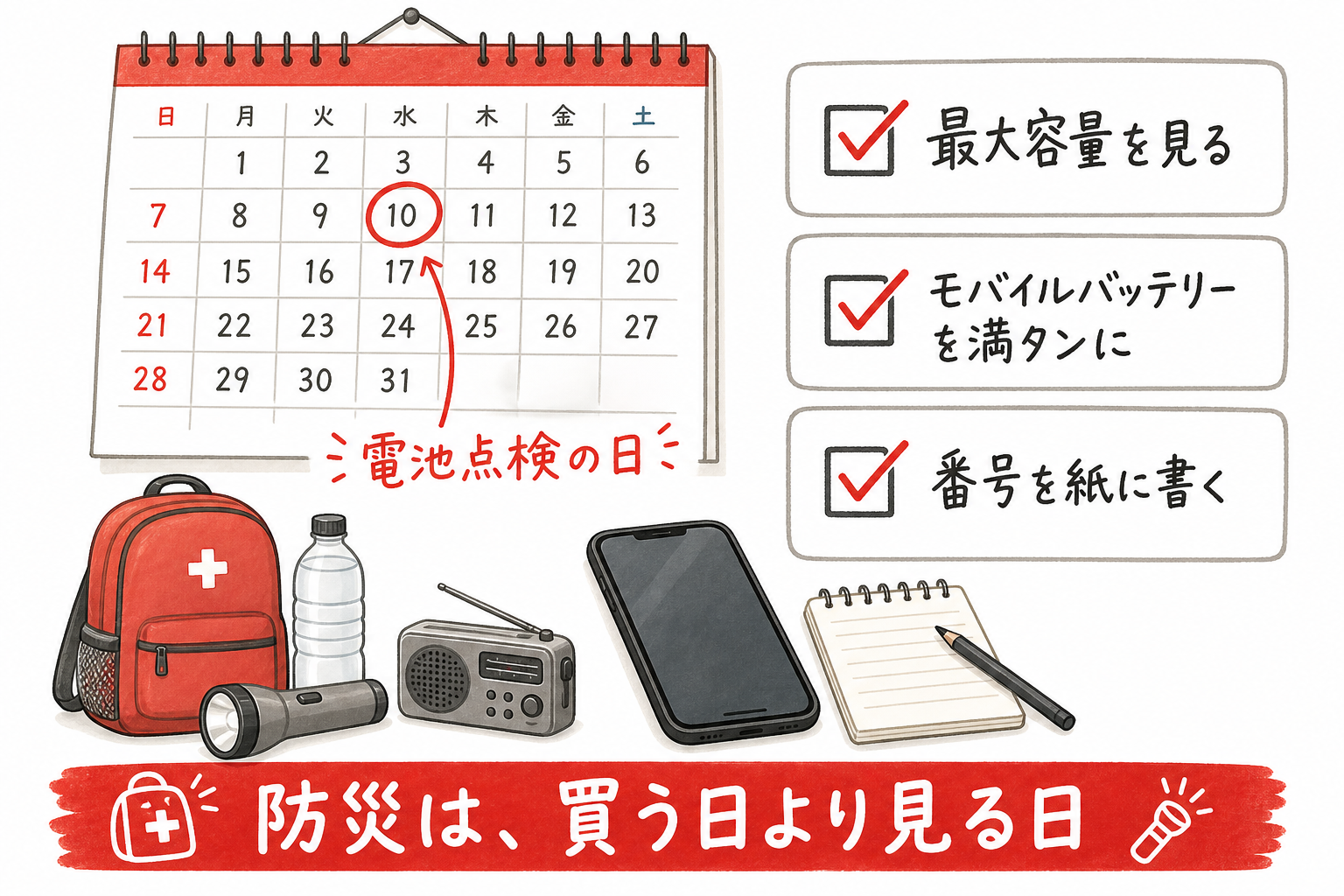 ９月１日を年に一度の電池点検日にするカレンダーの図