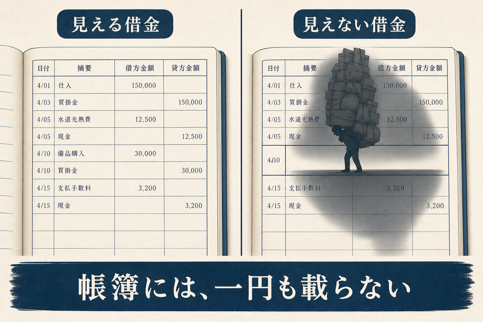 帳簿に載らない見えない借金としての属人化を示す図