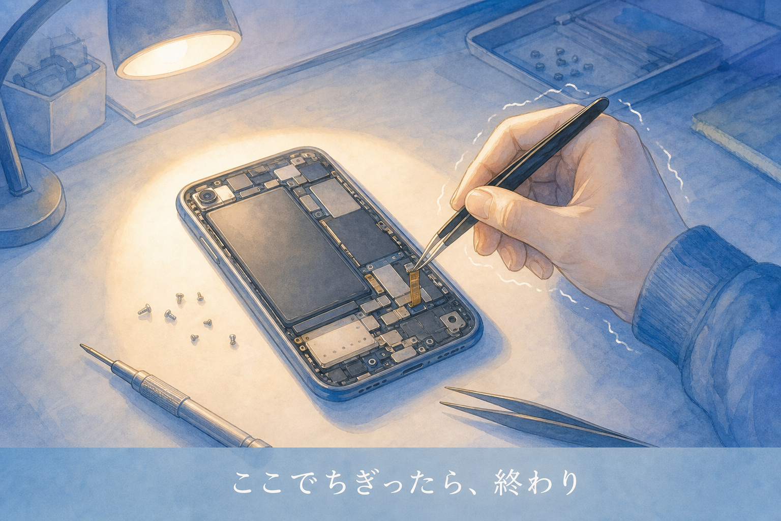 はじめて自分でスマートフォンを開けた夜の作業台の情景