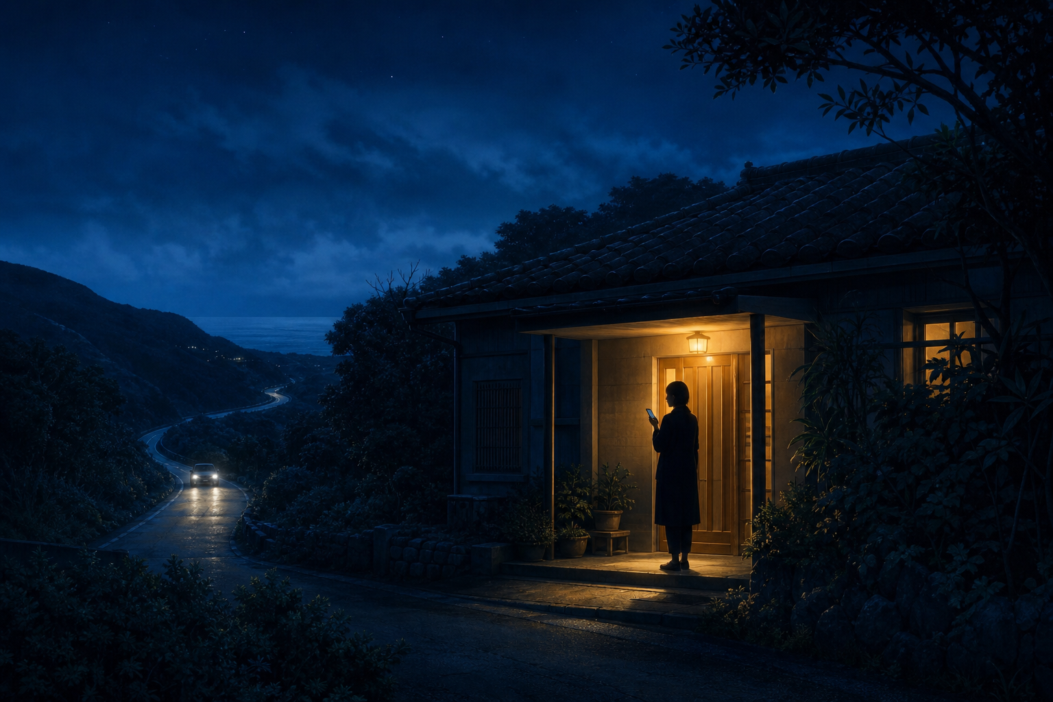 山の中の自宅の玄関に夜中も人が訪ねてくるようになった情景