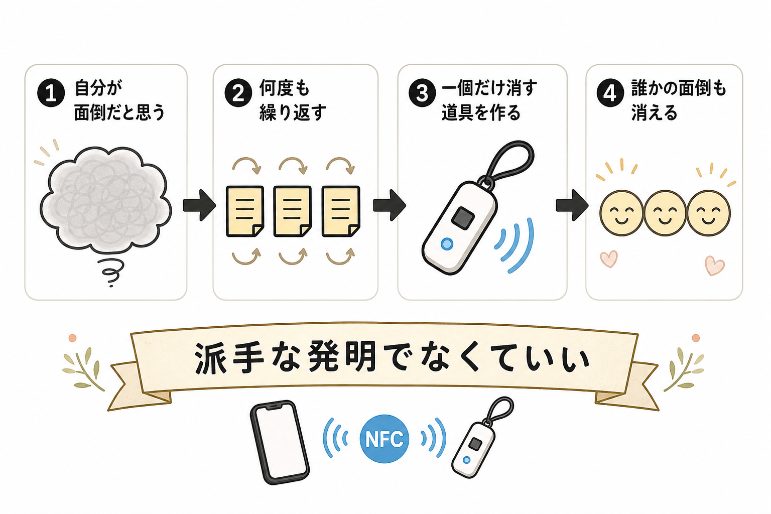 自分が面倒だと思ったことから道具が生まれる流れの図