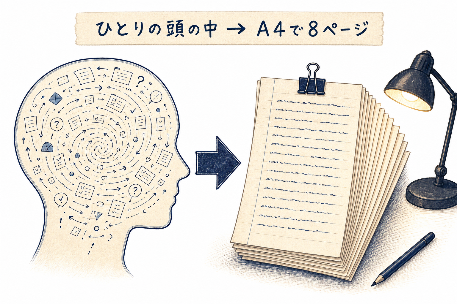 ひとりの頭の中にあった判断がＡ４で８ページになった様子を示す図