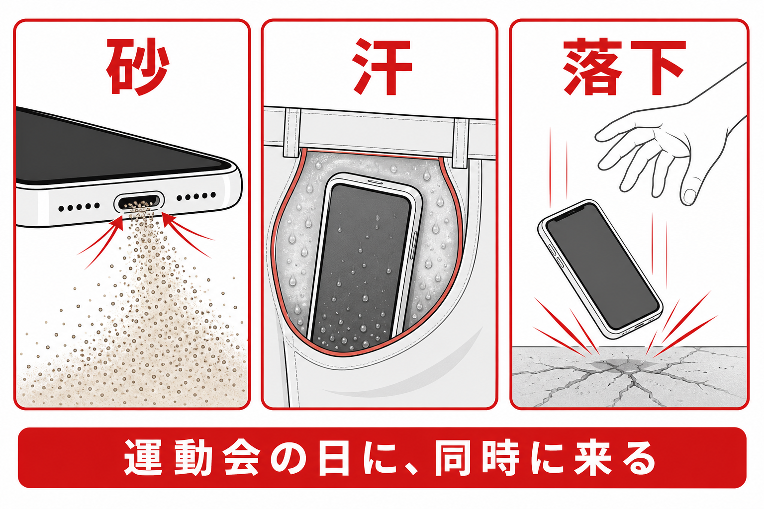 運動会でスマホに起きる砂・汗・落下の三つの原因を並べた図