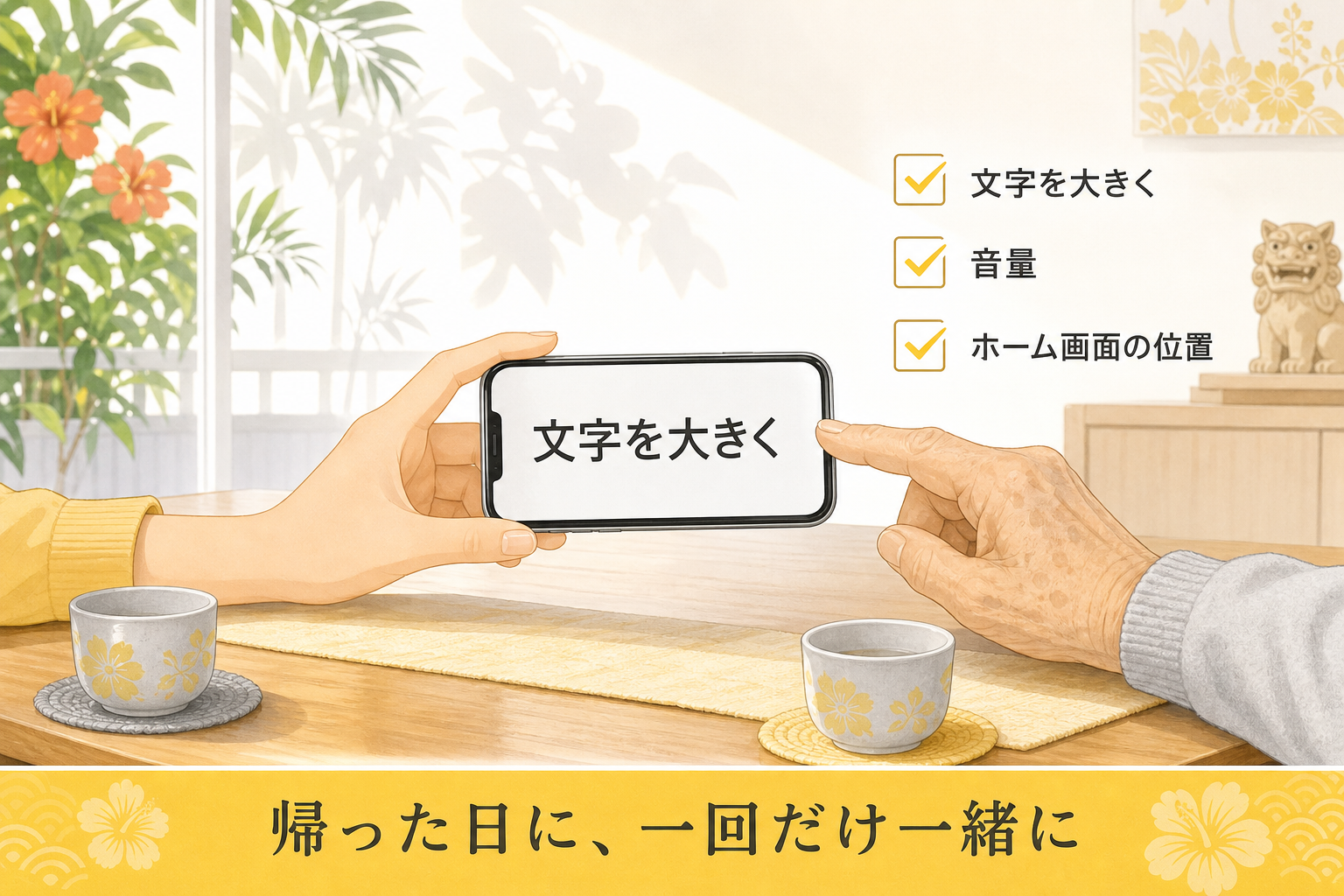 帰省したときに家族が実家のスマホを設定してあげる場面の図