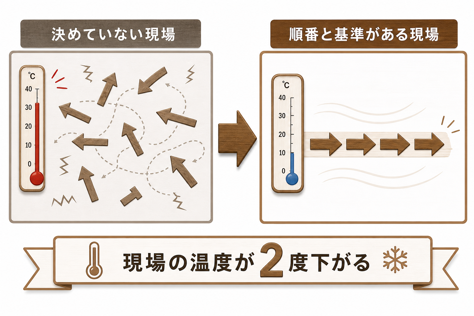 順番と基準を置くと現場の温度が下がることを示す対比図