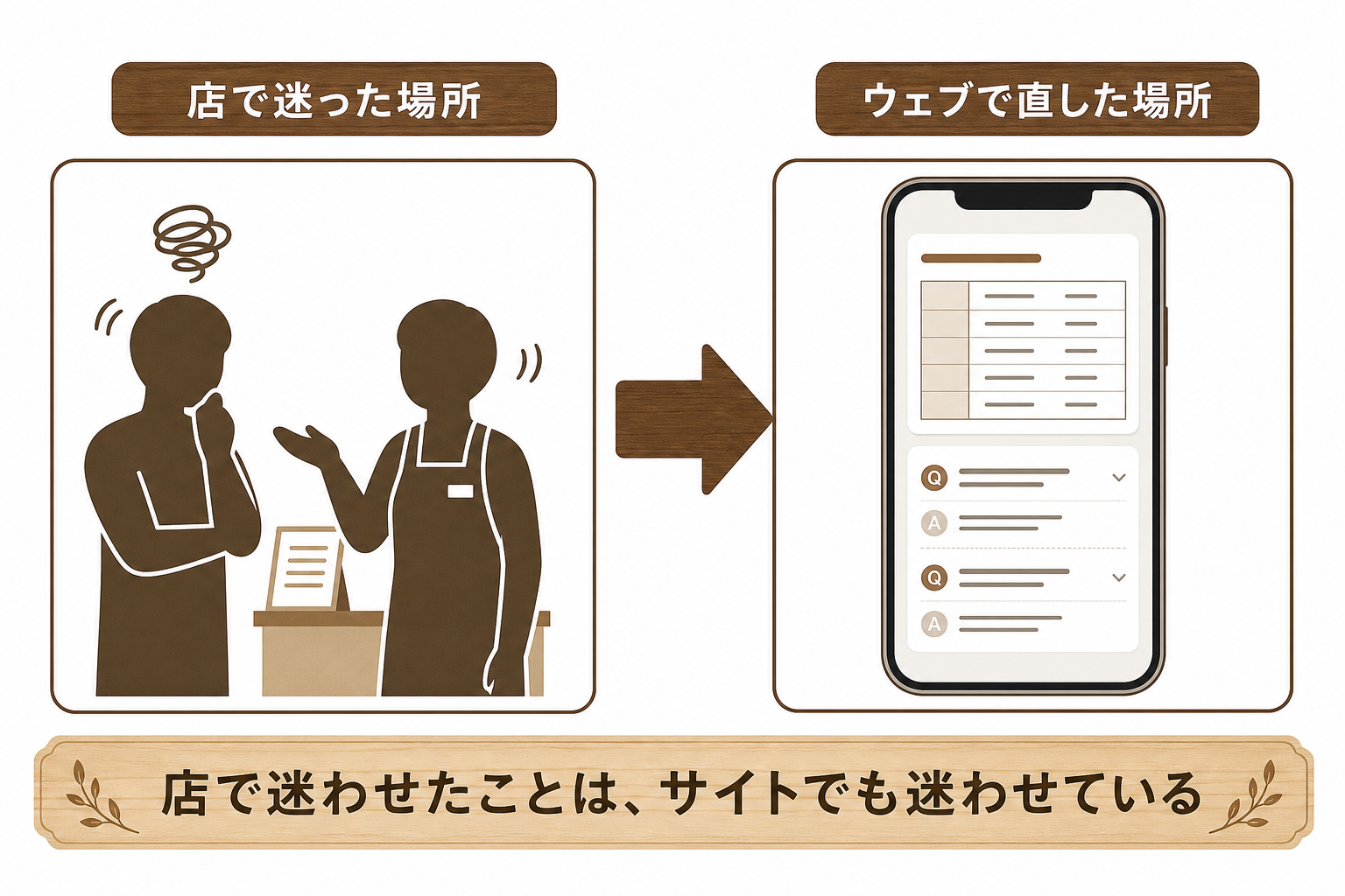 店で迷わせた場所をウェブでも直していく流れの図