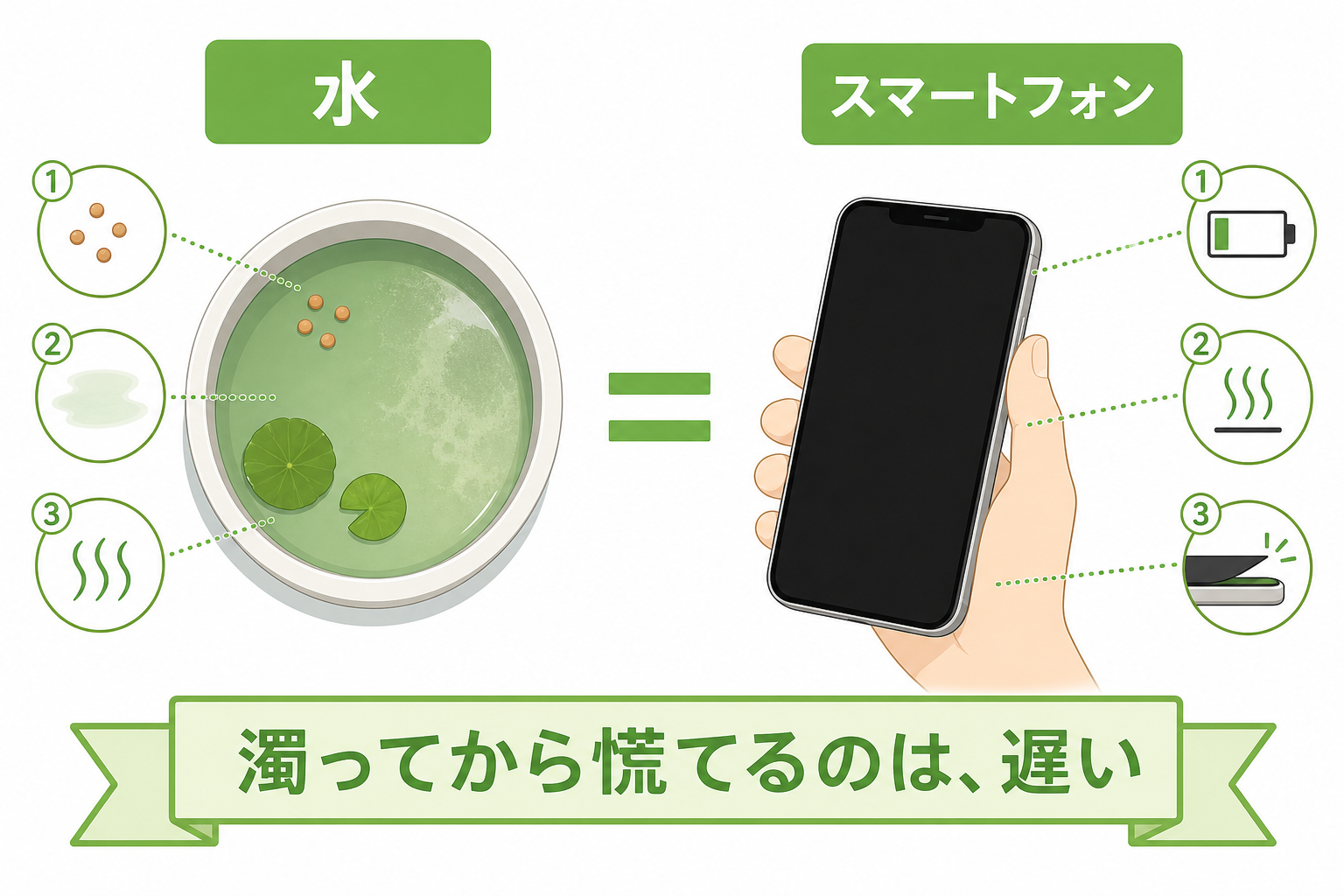 水が濁る前のサインとバッテリーが弱る前のサインの相似図