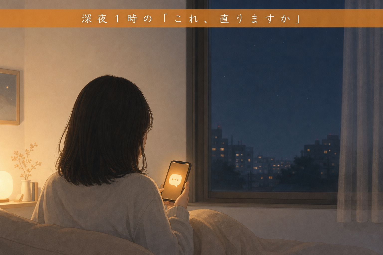 深夜にスマホでチャットに質問する人の情景イラスト