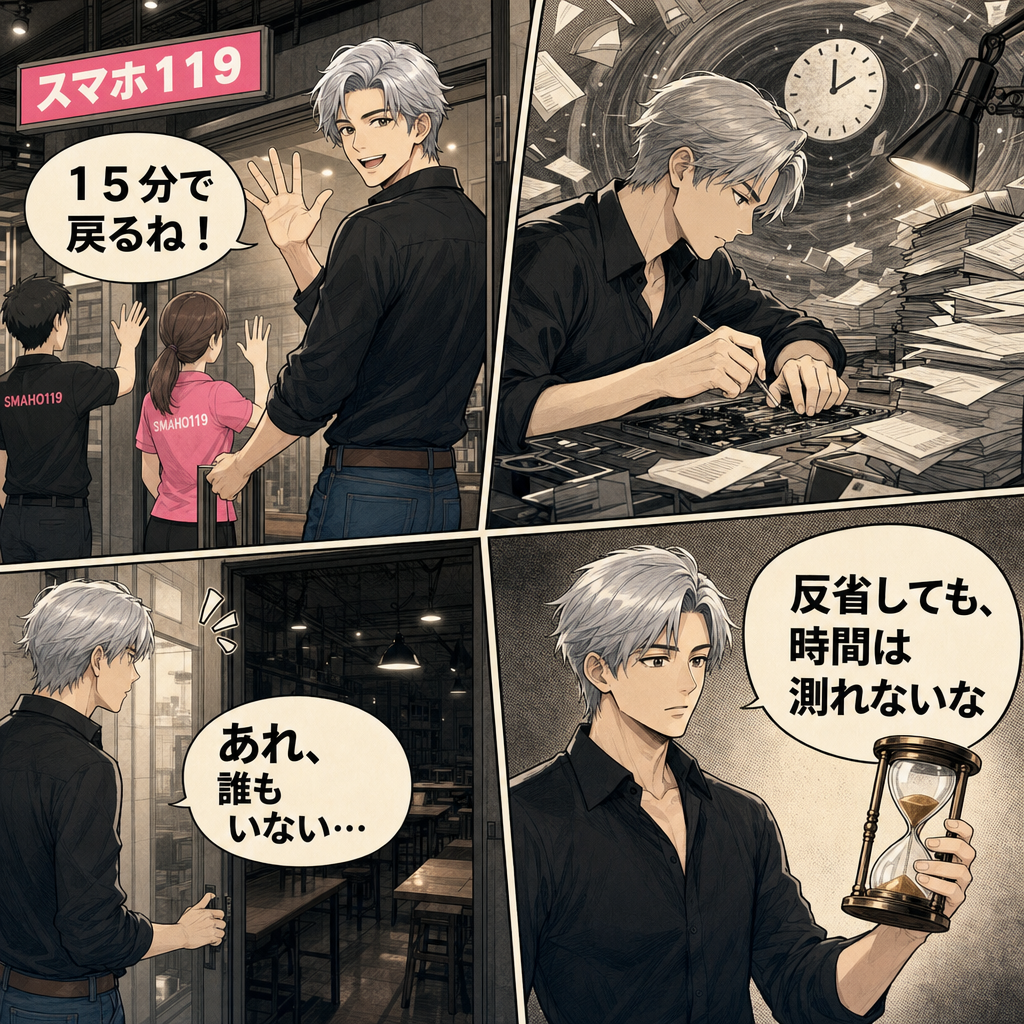 １５分で戻ると言って１時間帰ってこない社長の4コマ漫画