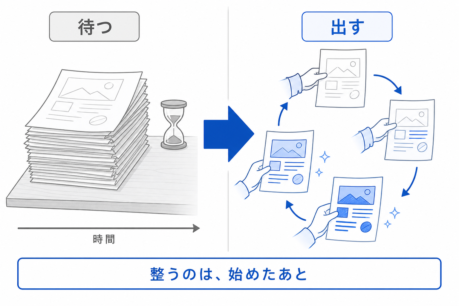 完璧を待った場合と始めてから整えた場合の違いを示す対比図