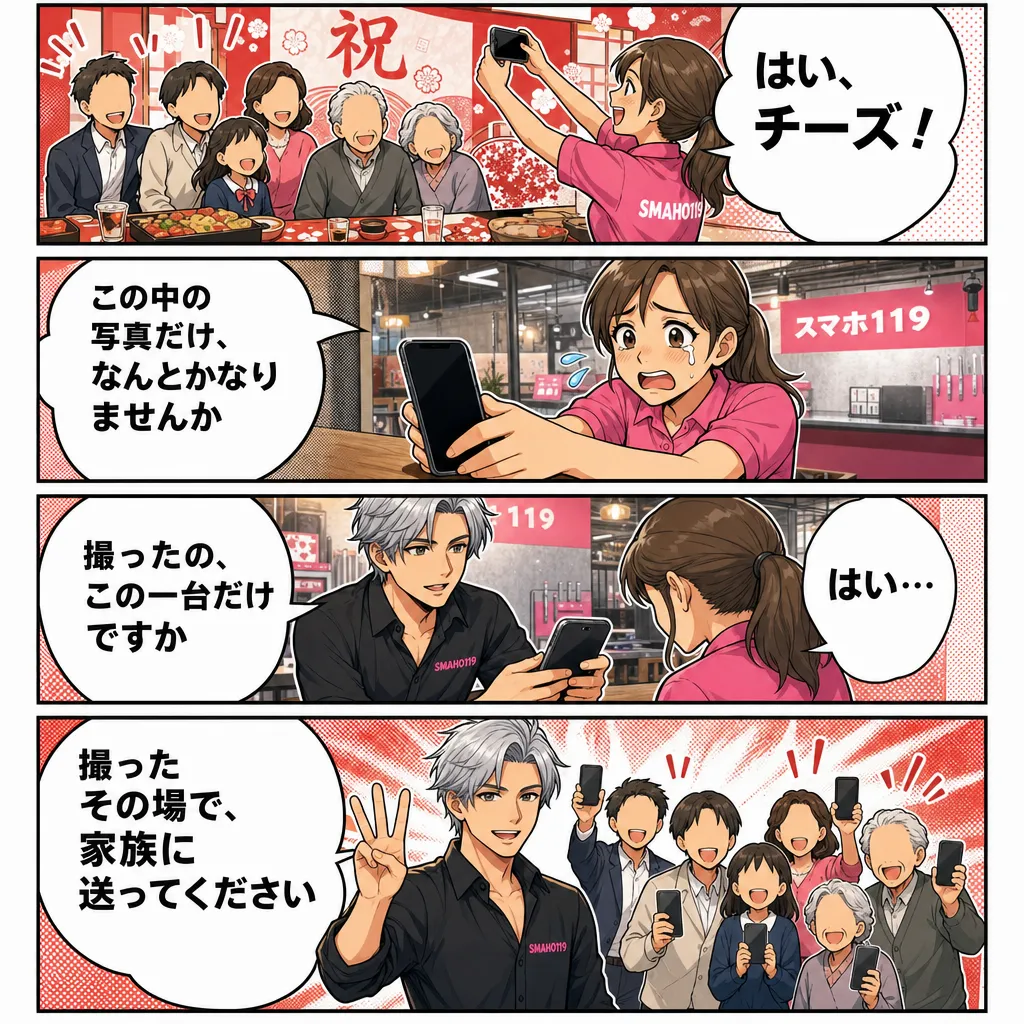 トーカチ祝いの写真が一台のスマホの中だけに残っていることに気づく4コマ漫画